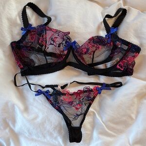 NWOT Agent Provocateur Blue/Pink/Black Zuri Lace Bra Set